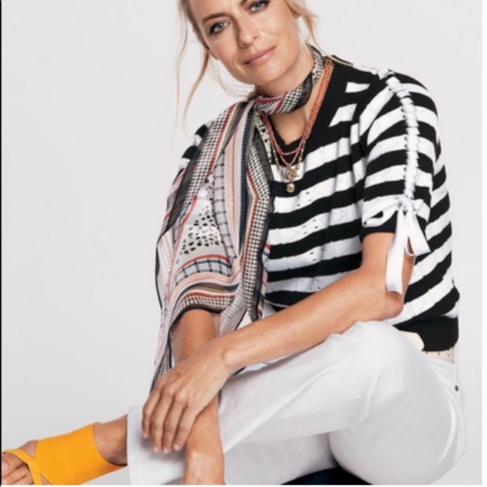 CAbi Black and White Striped Crew Neck Sweater